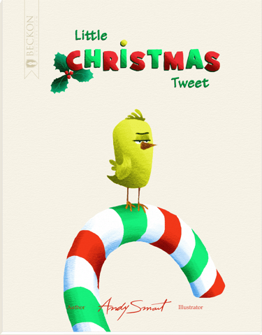 Book cover for Little Christmas Tweet featuring a small yellow bird perched on a festive candy cane.