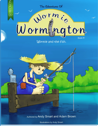 Book cover for The Adventures of Wormie Wormington Book 1 featuring a boy fishing on a wooden dock.