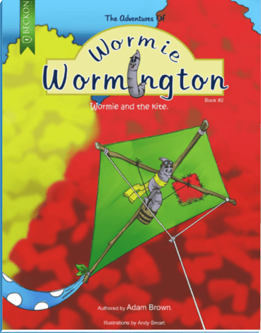 Book cover for The Adventures of Wormie Wormington Book 2 featuring a  worm flying a green kite.