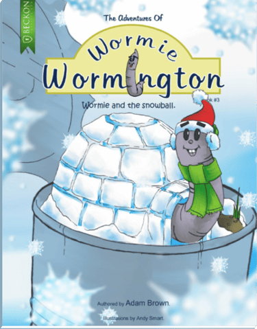 The Adventures of Wormie Wormington book 3 cover featuring a worm in winter clothes by an igloo.