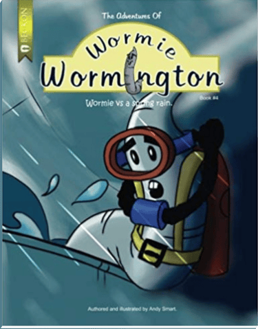 The Adventures of Wormie Wormington book 4children's book cover featuring a worm wearing scuba gear.