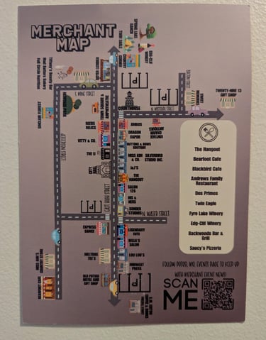 Map, merchants, downtown Potosi, Missouri, Miss Kim's