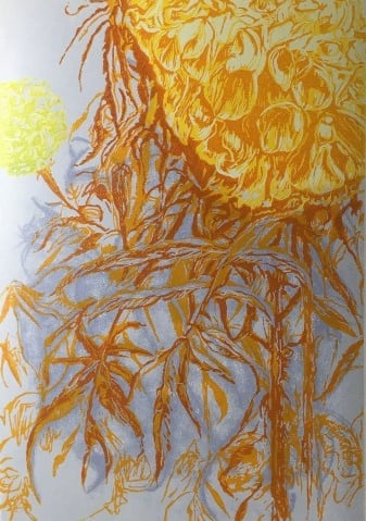 Linocut: Marigold one (with Mono-print layer) of three versions 