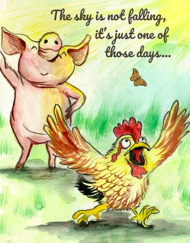 Funny illustration of a panicked chicken running and a calm pig with an uplifting quote.