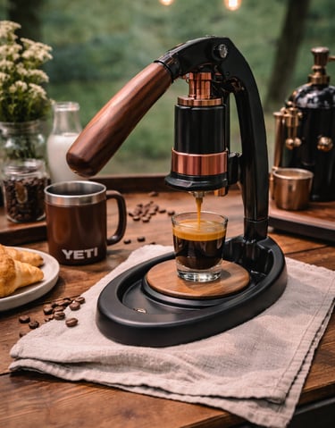 Manual lever espresso machine brewing a shot of coffee into a glass on a wooden table outdoors.