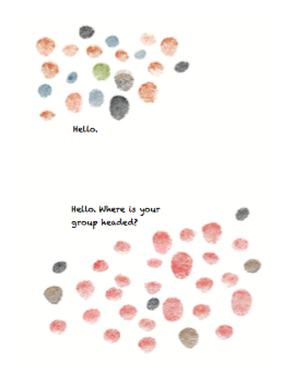 Interior page of book SEEK illustrating journey with a few more fingerprint characters