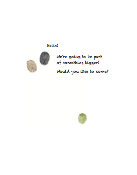Interior page of book SEEK illustrating journey with a few fingerprint characters