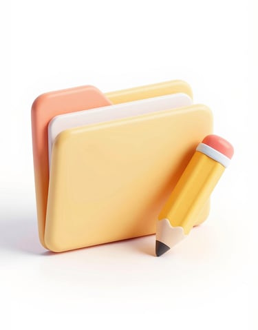 Isometric 3D icon of a folder and a pencil in soft pastel claymorphism style, very friendly and approachable.