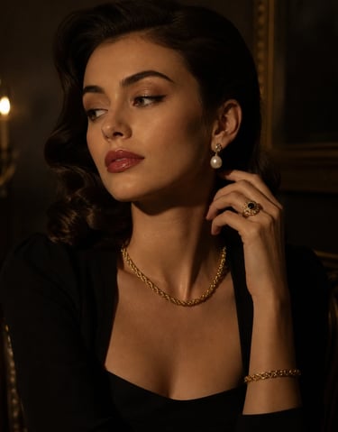 Elegant woman wearing vintage-style gold jewelry, pearl earrings, and a black dress in a dim setting.