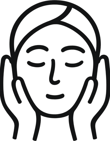 Minimalist black line art icon of a woman's face representing a facial skincare routine and beauty treatment.
