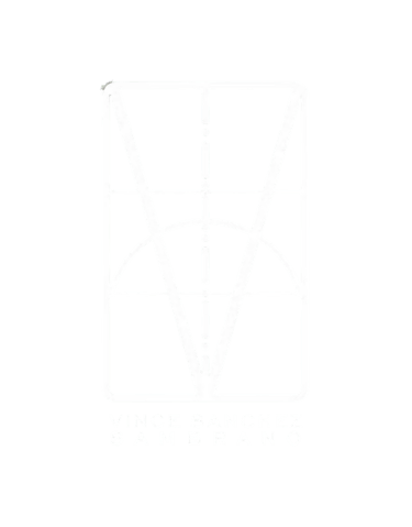 Geometric white line art logo for Vince Sanchez Sambrano featuring a stylized letter V on a black background.