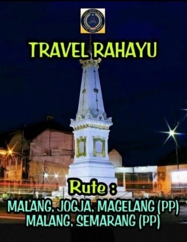 Travel Rahayu shuttle service featuring Tugu Jogja with routes to Malang, Magelang, and Semarang.