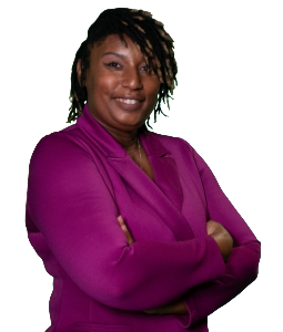 a woman in a purple shirt and black pants