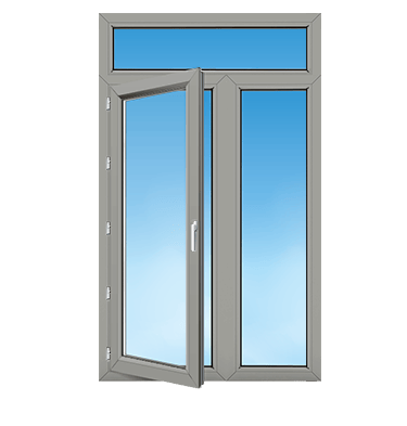 a double door window with a blue sky in the background