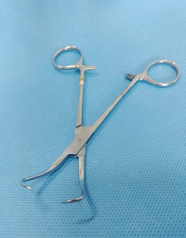 Pinça Backhaus cirúrgica sobre tecido azul estéril, utilizada para fixar campos cirúrgicos.