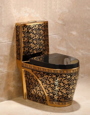a toilet with a black and gold toilet seat cover