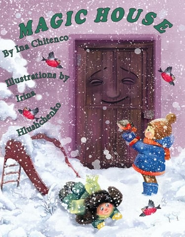 Cover of "Magic House" featuring children playing in the snow and a smiling, animated house door.