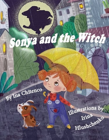 Cover of "Sonya and the Witch" shows a girl with pigtails and dog in rain, looking up at a witch.