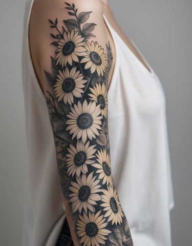 Tatuaggio di un braccio destro ricoperto di girasoli in bianco e nero con delle punte gialle