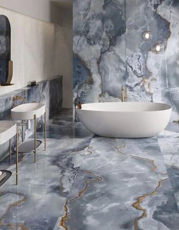 a bathroom with a tub tub and a large window