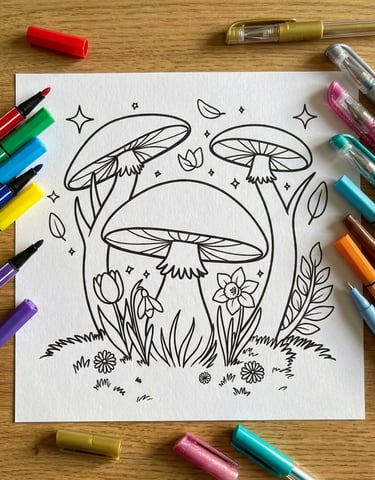Mushroom coloring page illustration on a wooden desk with colorful markers and glitter pens.