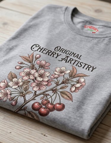 Camiseta gris con diseño botánico de flores de cerezo y texto Original Cherry Artistry.