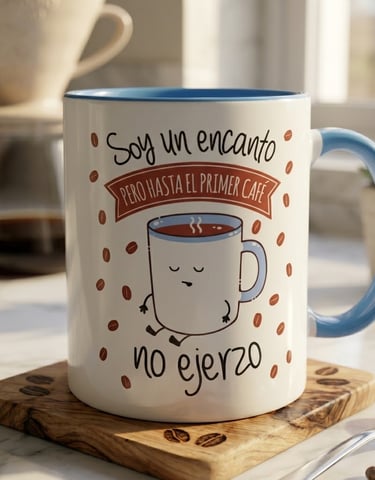 Taza con frase: Soy un encanto pero hasta el primer café no ejerzo. Regalo original para café.