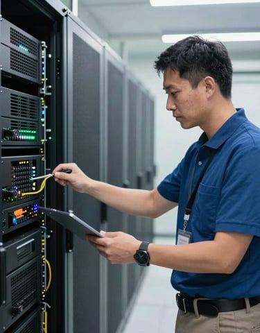 A smiling customer receiving hands-on support from a Techvita technician in a cozy shop setting.