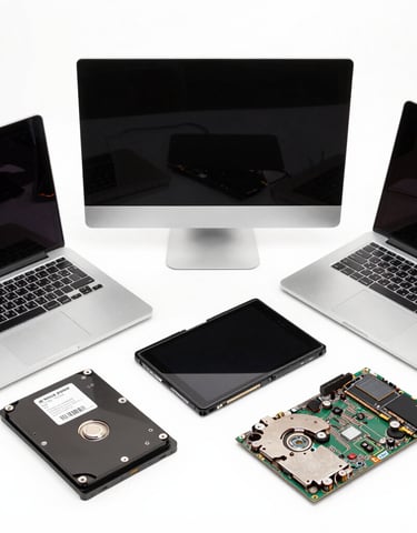 Close-up of high-quality computer components like motherboards and graphic cards neatly displayed.