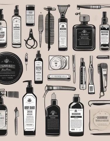 A selection of beauty products is arranged on a marble surface. On the left, two tubes of lotion are displayed, both featuring elegant cursive branding. In the center, an intricately designed perfume bottle with a stylish dress motif is prominently featured. To the right, makeup brushes with shiny metallic handles stand upright in a sleek holder. A black mascara tube lies in the foreground. The composition is accentuated by soft natural light and subtle shadows.