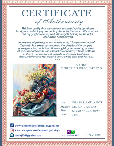 Official signed Certificate of Authenticity for original oil paintings by Armenian artist Meruzhan  