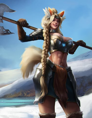 a woman in a furry hat and a sword