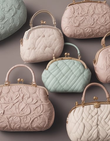 A neatly arranged collection of fashion accessories, including a beige handbag with a metallic clasp and tassel, a small plush teddy bear with a burgundy ribbon, and a pair of black-framed eyeglasses. The items rest on a textured background with floral patterns and typography. Several pieces of jewelry, such as rings, earrings, and a black bracelet, are placed on a magazine with a glossy page featuring more accessories.