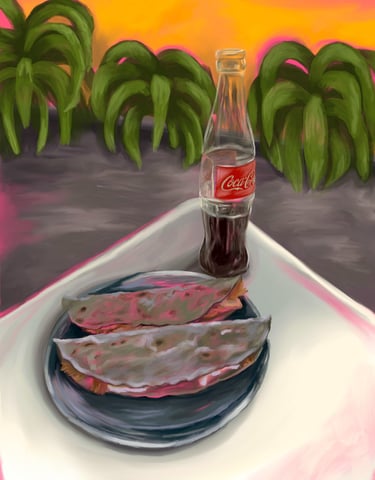 Art print of coca-cola and Mexican food