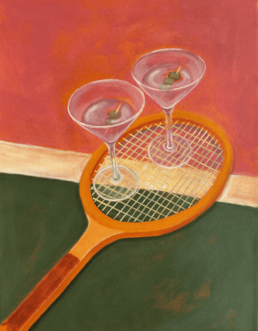 Artwork of vintage tennis racket with two martinis on top of it