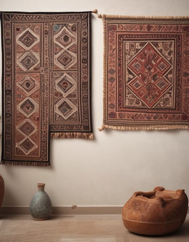 Colorful woven rugs with intricate geometric patterns hang vertically on a wooden rail against a rustic stone and plaster wall. A window with green shutters is partially visible above, and cobbled stones lie at the base.