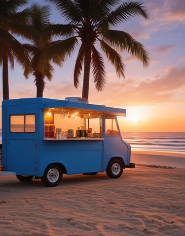 A food truck is parked on the side of a street, with several people gathered around it, placing orders. The truck features brightly colored signage showcasing various food items. Two trees are prominently situated on the pavement nearby, with a modern building in the background partially under construction.