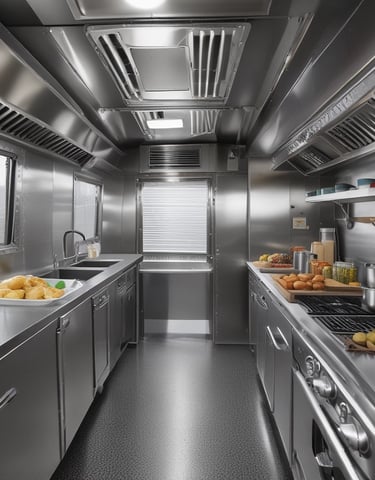 A food truck is set up beside a historical building, with palm trees and a beige stone facade. Several people are gathered around the truck, reading menus and placing orders. The setup includes a canopy tent for shade and menu boards displaying colorful food images.
