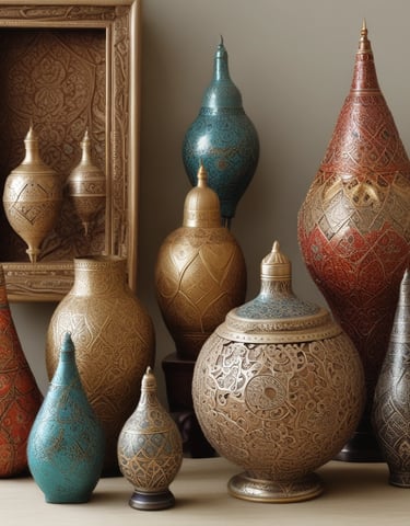 A shop window displays a variety of decorative and crafted items. There are copper pots with a shiny finish, ceramic mugs with floral patterns, and a plate featuring a traditional art design depicting people in colorful attire. The background shows more decorative objects and possibly textiles, adding to the artisanal and cultural theme.