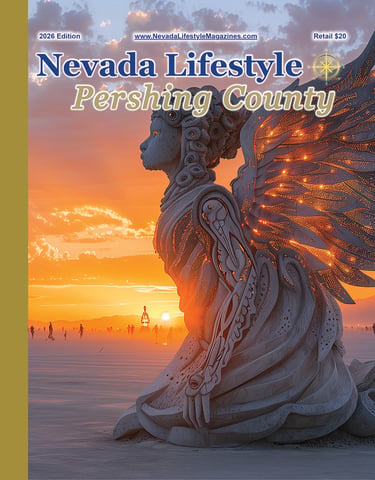 Nevada Lifestyle Pershing County magazine cover featuring a glowing desert art sculpture at sunset.