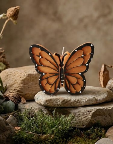 Handcrafted monarch butterfly shaped candle resting on natural stones with moss and dried flowers.