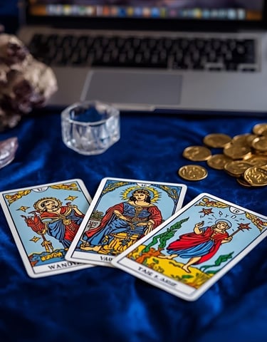 a laptop computer and a laptop with a tarot of tarot cards