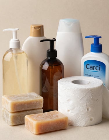 A close-up of natural bath products like soaps and lotions with tropical flowers and leaves around them.