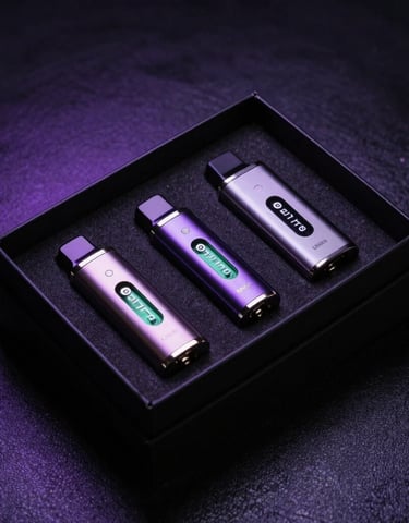 A premium black gift box containing premium metallic vape accessories with subtle green Elfbar accents, set against a dark obsidian texture with neon violet reflections, Middle Eastern / Dubai Gulf Region luxury styling.