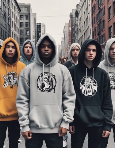 A group of friends wearing diverse streetwear pieces, laughing and hanging out in an urban park.