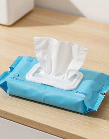 Cleaning brushes and sponges with eco-friendly packaging on wooden surface