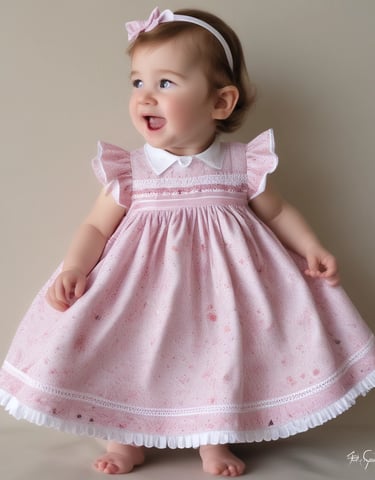 A smiling toddler wearing a classic smocked dress, playing in a sunlit garden.