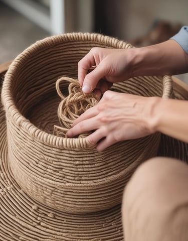 Close-up of artisan hands weaving a jute rope basket