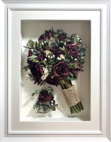 a side view preserved wedding bouquet of deep red roses