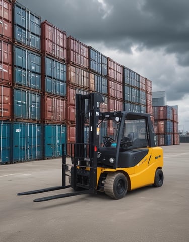 A forklift is parked in a concrete area near a brick wall. Two men are engaged in a conversation near the forklift, and a motorcycle is parked nearby. There is vegetation climbing on the wall and reaching towards an overhanging roof.